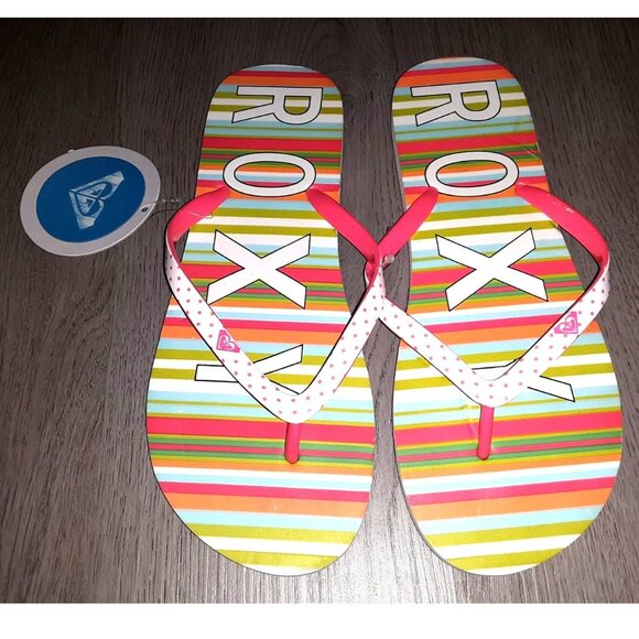 Roxy Colorful Neon Striped Polka Dot Flip Flops Sandals Women's Size 9 - Picture 3 of 5